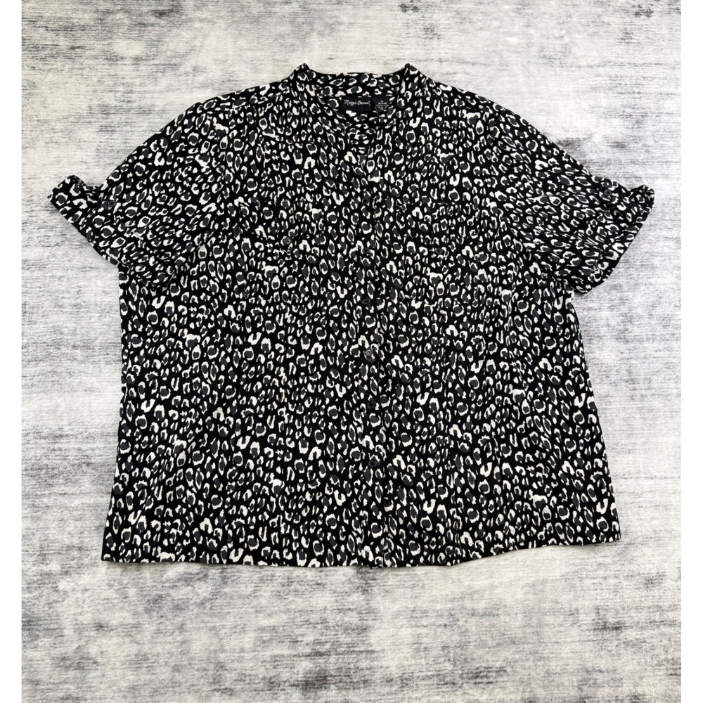 Maggie Barnes Womens 2X Leopard Print Short Sleeve Button Down Shirt Black White